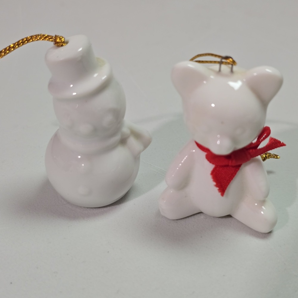Vtg Midwest White Teddy Bear & Snowman Christmas Ornament Ceramic Japan 2" tall